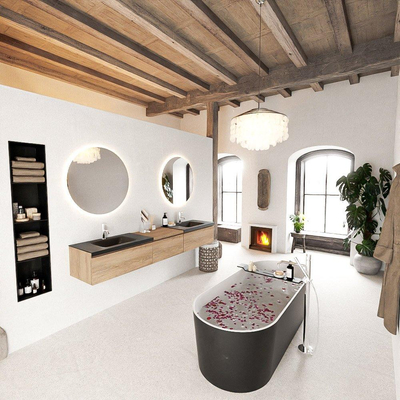 MONDIAZ BUKLA 220cm badmeubel met module 60 kleur Washed Oak met 3 lades. Wastafel CLOUD dubbel 2 kraangaten kleur Urban.