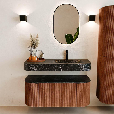 MONDIAZ THOR-DLUX 110cm badmeubel ronding links + rechts kleur Ruby met 1 lade en 2 deuren. Vrijhangende wastafel CLOUD Rechts 1 kraangat kleur Lava.