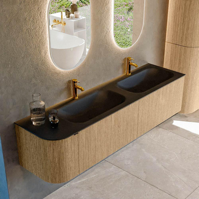 MONDIAZ KURVE 175cm badmeubel met module 25 L kleur Oak met 2 lades en 1 deur. Wastafel BIG SMALL dubbel / rechts 2 kraangaten Urban.