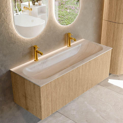 MONDIAZ KURVE-DLUX 120cm badmeubel kleur Oak met 1 lade en 0 deuren. Wastafel BIG LARGE Midden 2 kraangaten Meli.