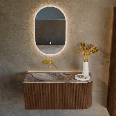 MONDIAZ KURVE-DLUX Meuble de salle de bains 95cm arrondi à droite couleur Walnut avec 1 tiroir et 1 porte. Lavabo BIG SMALL gauche sans trou de robinet Sombra.
