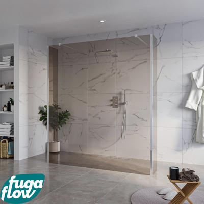 FugaFlow Eccelente Vetro Douche à l'italienne libre - 180x200cm - Verre fumé - anti-calcaire - verre de sécurité 8mm - 2 parois latérales 40cm - avec bras muraux et profils d'angle - Chrome -
