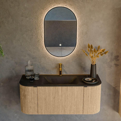 MONDIAZ KURVE 110cm badmeubel met module 25 Len R kleur Oak met 1 lade en 2 deuren. Wastafel CLOUD midden 1 kraangat Urban.