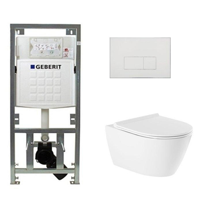 QeramiQ Salina Pack WC suspendu sans bride avec bâti-support Geberit abattant softclose et déclipsable plaque de commande avec boutons rectangulaires Blanc brillant