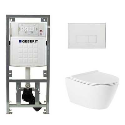 QeramiQ Salina Toiletset - rimless - Geberit inbouwreservoir - diepspoel wandcloset - softclose - quickrelease - bedieningspaneel - met rechthoekige knoppen - wit glans