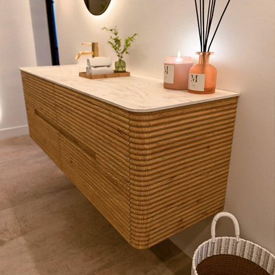 Mondiaz CIRO-DLUX Badkamermeubelset - 150x45x50cm - Solid surface wastafel Ostra - 1 wasbak Links - 1 kraangat - 4 lades - Oak