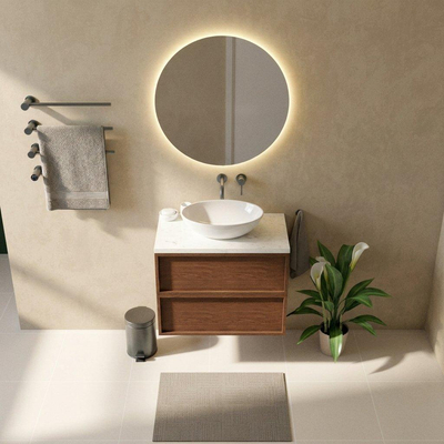 Saniclass Holz Frame Ensemble de meubles de salle de bains - 80x45x63cm - Plan de lavabo en marbre Dia poli (blanc) - sans trou de robinet - 2 tiroirs - mat noyer pur (bois)