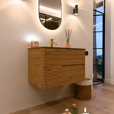 Mondiaz CIRO-DLUX Meuble de salle de bains - 80x45x50cm - Plan-vasque solid surface Sombra - 1 vasque centrale - 1 trou de robinetterie - 2 tiroirs - Chêne