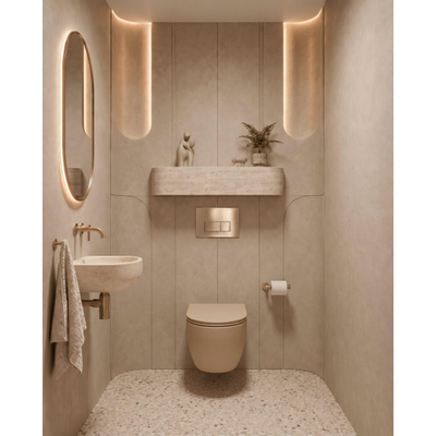 QeramiQ Dely Toiletset - 36.3x51.7cm - diepspoel - rimless - Geberit UP720 inbouwreservoir - softclose toilet zitting - geborsteld messing bedieningsplaat - rechthoekige knoppen - mat beige