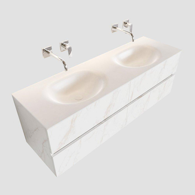 MONDIAZ VICA Ensemble de meuble salle de bain - 150cm - 4 tiroirs - lavabo Moon double - 0 trou de robinet - solid surface marbre carrara