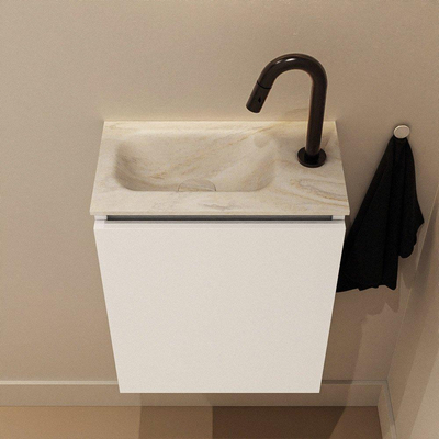 MONDIAZ TURE-DLUX Meuble toilette - 40cm - Talc - EDEN - vasque Ostra - position gauche - 1 trou de robinet