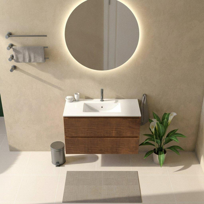 Saniclass Holz Atelier Ensemble de meubles de salle de bains - 100x45x62cm - Vasque en céramique Vygo blanche - 1 vasque - 1 trou de robinet - 2 tiroirs - walnut pure mat (bois)