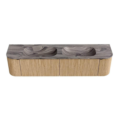 MONDIAZ KURVE-DLUX 190cm badmeubel ronding Links + Rechts kleur Oak met 2 lades en 2 deuren. Wastafel STOR SMALL Dubbel 2 kraangaten Sombra.
