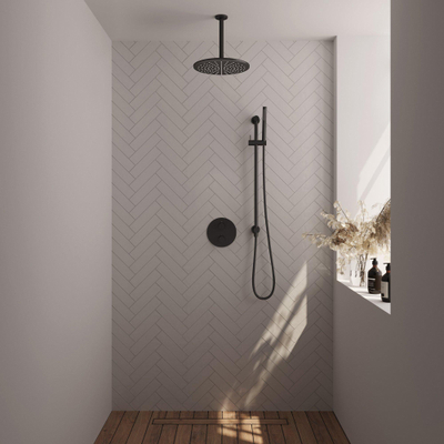 BRAUER Black Carving thermostatische Inbouw Regendouche - 3-weg - rond - set 90 - 30cm hoofddouche - plafondarm - staaf handdouche - doucheslang - geïntegreerde glijstang - mat zwart