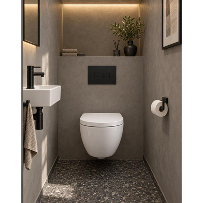 QeramiQ Dely Swirl Compact Toiletset - inbouwreservoir QeramiQ flush - 25mm zitting - kunststof bedieningsplaat mat zwart - rechthoekige knoppen - glans wit