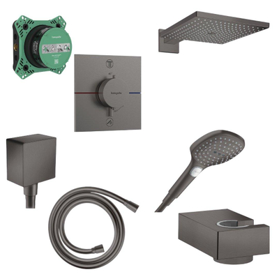Hansgrohe Raindance Select Doucheset - hoofddouche - handdouche - doucheslang - thermostaat - inbouwdeel - muuraansluitbocht - douchehouder - geborsteld zwart chroom