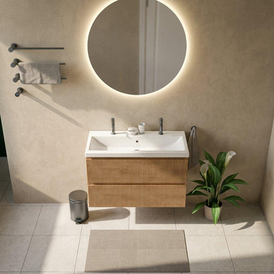 Saniclass Holz Atelier Ensemble de meubles de salle de bains - 100x45x63.5cm - Lavabo Bari en céramique blanc - 1 vasque - 2 trous de robinet - 2 tiroirs - chêne natural mat (bois)