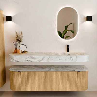 MONDIAZ THOR-DLUX 160cm badmeubel ronding links + rechts kleur Oak met 1 lade en 2 deuren. Vrijhangende wastafel CLOUD Rechts 1 kraangat kleur Glace.