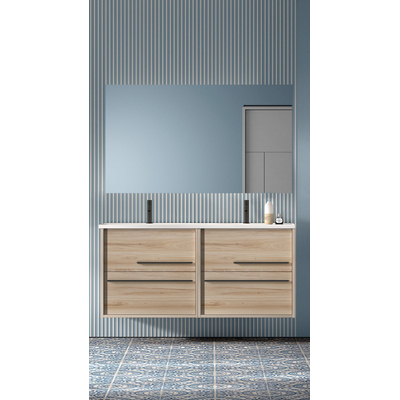 Saniclass Prime Essential Meuble de salle de bain - 120x55x46cm - 2 vasques rectangulaires blanc - 2 trous de robinet - 4 tiroirs - miroir rectangulaire - chêne clair