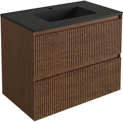 Saniclass Holz Atelier Ensemble de meubles de salle de bains - 80x45x62cm - Lavabo Vygo en céramique noir - 1 vasque - 1 trou de robinet - 2 tiroirs - walnut pure mat (bois)