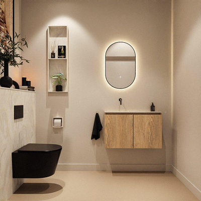 MONDIAZ TURE-DLUX Meuble toilette - 80cm - Washed Oak - EDEN - vasque Ostra - position gauche - sans trou de robinet