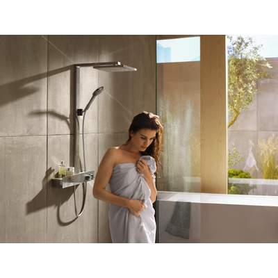 Hansgrohe Raindance E Square Set de douche avec douche pluie E300 1 jet et robinet de douche thermostatique ShowerTablet 600 mural EcoSmart entraxe =15cm chrome