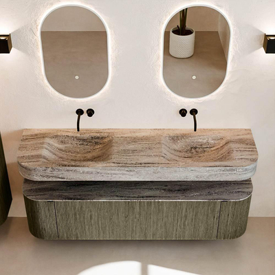 MONDIAZ THOR-DLUX Meuble de salle de bains 170cm arrondi gauche + droite couleur Shadow avec 1 tiroir et 2 portes. Vasque suspendue CLOUD Double sans trou de robinet couleur Oza.