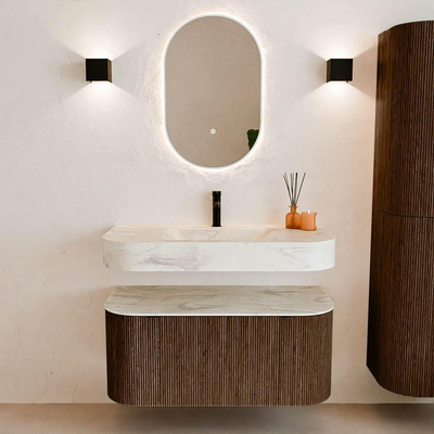 MONDIAZ THOR-DLUX 100cm meuble de salle de bains arrondi gauche + droite couleur Walnut avec 1 tiroir et 2 portes. Vasque suspendue CLOUD Milieu 1 trou de robinet couleur Ostra.