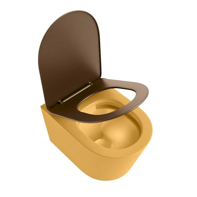 Mondiaz LAVIE hangtoilet – spoelrandloos – 36 x 53 cm – met softclose zitting – Ocher (geel), zitting Rust (bruin)