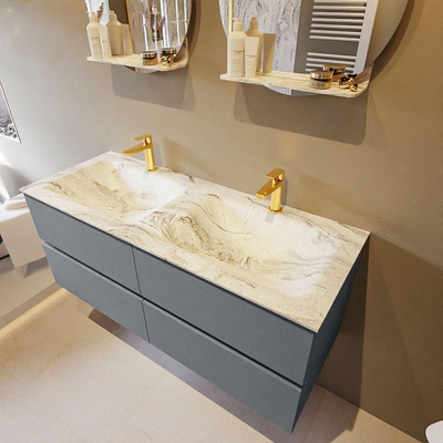 Mondiaz VICA-DLUX ensemble de meuble de salle de bain - 120cm - meuble sous-vasque plata - 4 tiroirs - lavabo encastrée cloud double - 2 trous de robinet - version haute de 60cm - glace