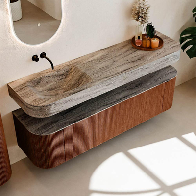 MONDIAZ THOR-DLUX Meuble de salle de bains - 170cm - arrondi gauche + droite - couleur Ruby - 1 tiroir - 2 portes - Vasque suspendue CLOUD Gauche sans trou de robinet - couleur Oza