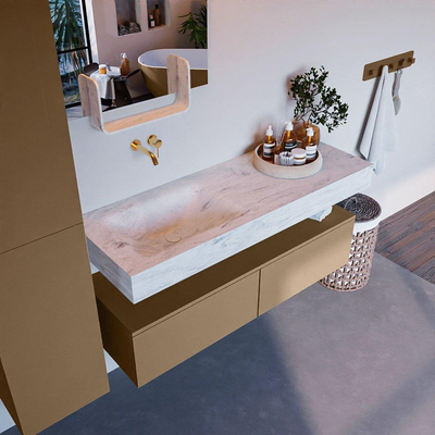 Mondiaz ALAN-DLUX Ensemble de meuble - 130cm - meuble Oro mat - 2 tiroirs - Lavabo Cloud Opalo suspendu - vasque Gauche - 0 trous de robinet