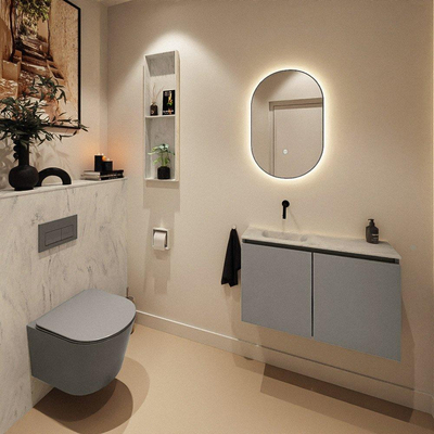 MONDIAZ TURE-DLUX Meuble toilette - 80cm - Smoke - EDEN - vasque Opalo - position gauche - sans trou de robinet