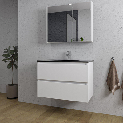 Saniclass Chaci Meuble de salle de bain - 80x46x55cm - lavabo en céramique noir - 1 vasque - 1 trou de robinet - 2 tiroirs - armoire miroir - blanc mat