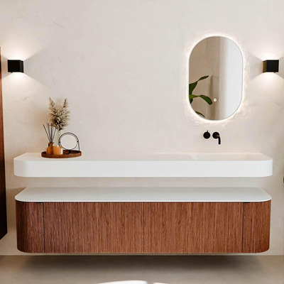 MONDIAZ THOR 200cm meuble de salle de bains arrondi gauche + droite couleur Ruby avec 2 tiroirs et 2 portes. Vasque suspendue CLOUD Droite sans trou de robinet couleur Talc.