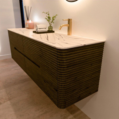 Mondiaz CIRO-DLUX Meuble de salle de bains - 160x45x50cm - Plan vasque solid surface Nata - 1 lavabo à droite - 1 trou de robinetterie - 4 tiroirs - Shadow