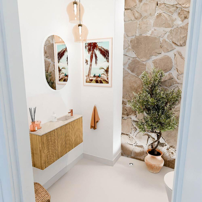 Mondiaz JOYA-DLUX 80cm toiletmeubel - kleur Oak - Wastafel FAYE positie Rechts 1 kraangat kleur Frappe.