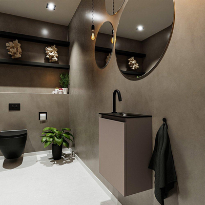 MONDIAZ TURE Toiletmeubel 40x23x50cm met 1 kraangaten 1 deuren smoke mat Wastafel Eden rechts Solid Surface Zwart