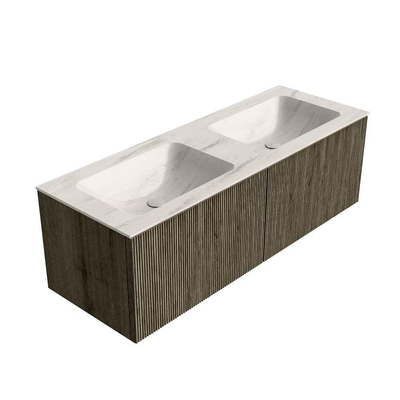 MONDIAZ KURVE-DLUX Meuble de salle de bains 130cm couleur Shadow avec 2 tiroirs et 0 portes. Lavabo LEAF Double 2 trous de robinet Meli.