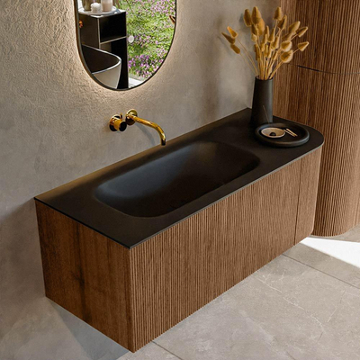 MONDIAZ KURVE 115cm Meuble salle de bain avec module 25 D - couleur Walnut - 1 tiroir - 1 porte - vasque BIG SMALL gauche - sans trous de robinet - Urban