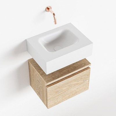 MONDIAZ ANDOR Toiletmeubel 40x30x30cm met 0 kraangaten 1 lades washed oak mat Wastafel Lex midden Solid Surface Wit