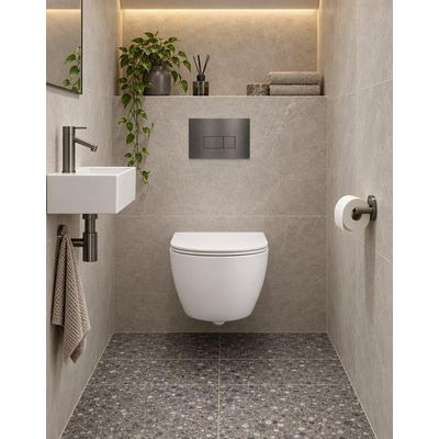 QeramiQ Dely Swirl Compact Toiletset - inbouwreservoir QeramiQ flush - slim zitting - metalen bedieningsplaat gunmetal - rechthoekige knoppen - glans wit