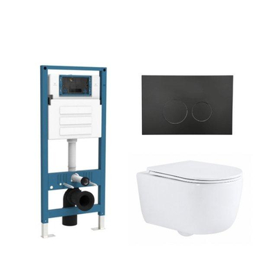 QeramiQ Dely Swirl Ensemble de toilette - réservoir encastré QeramiQ Flush - abattant slim - plaque de commande noire mate en métal - boutons ronds - blanc brillant