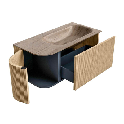 MONDIAZ KURVE-DLUX Meuble de salle de bains 95cm arrondi Gauche couleur Chêne avec 1 tiroir et 1 porte. Lavabo BIG SMALL Droite 1 trou de robinet Saba.