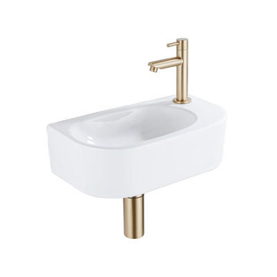 Fugaflow Efficiente Pietra Fonteinset - 40x21.5x12cm - rechts - glad - halfrond - 1 kraangat - keramiek - fonteinkraan geborsteld messing - afvoerplug - verlaagd sifon - wit glans