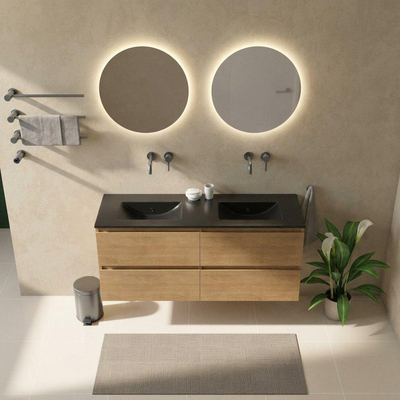 Saniclass Holz Pure Ensemble de meubles de salle de bains - 140x45x62cm - Vasque Vygo en céramique noire - 2 vasques - sans trous de robinet - 4 tiroirs - chêne natural mat (bois)