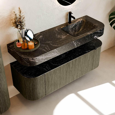 MONDIAZ THOR-DLUX 140cm meuble de salle de bains arrondi gauche + droite couleur Shadow avec 1 tiroir et 2 portes. Vasque suspendue CLOUD Droite 1 trou de robinet couleur Lava.