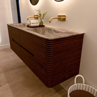 Mondiaz CIRO-DLUX Badkamermeubelset - 150x45x50cm - Solid surface wastafel Sombra - 2 wasbak Dubbel - zonder kraangaten - 4 lades - Ruby