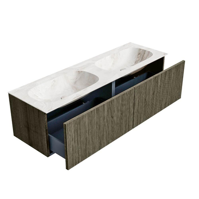 Mondiaz KURVE-DLUX Badkamermeubelset - 150x46x40cm - 2 lade - wastafel solid surface - dubbel - zonder kraangat - Shadow