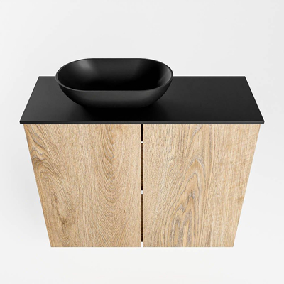Mondiaz Fowy meuble de toilette - 60x50x23cm - chêne blanchi mat - 1 trou de robinet - lavabo à gauche - 2 portes - solid surface - plan Mélamine - lavabo : noir